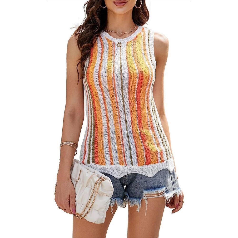 NEW Casual Stripe Knit Tank Top Sleeveless Sweater M